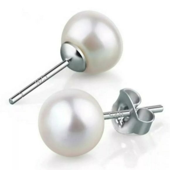 925‎ Sterling Silver 11mm Button White Cultured Freshwater Pearl Stud Earrings - Picture 11 of 12